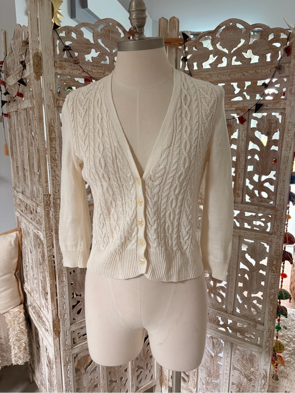 Ralph Lauren Ivory Cable Knit V-Neck Button Cardigan